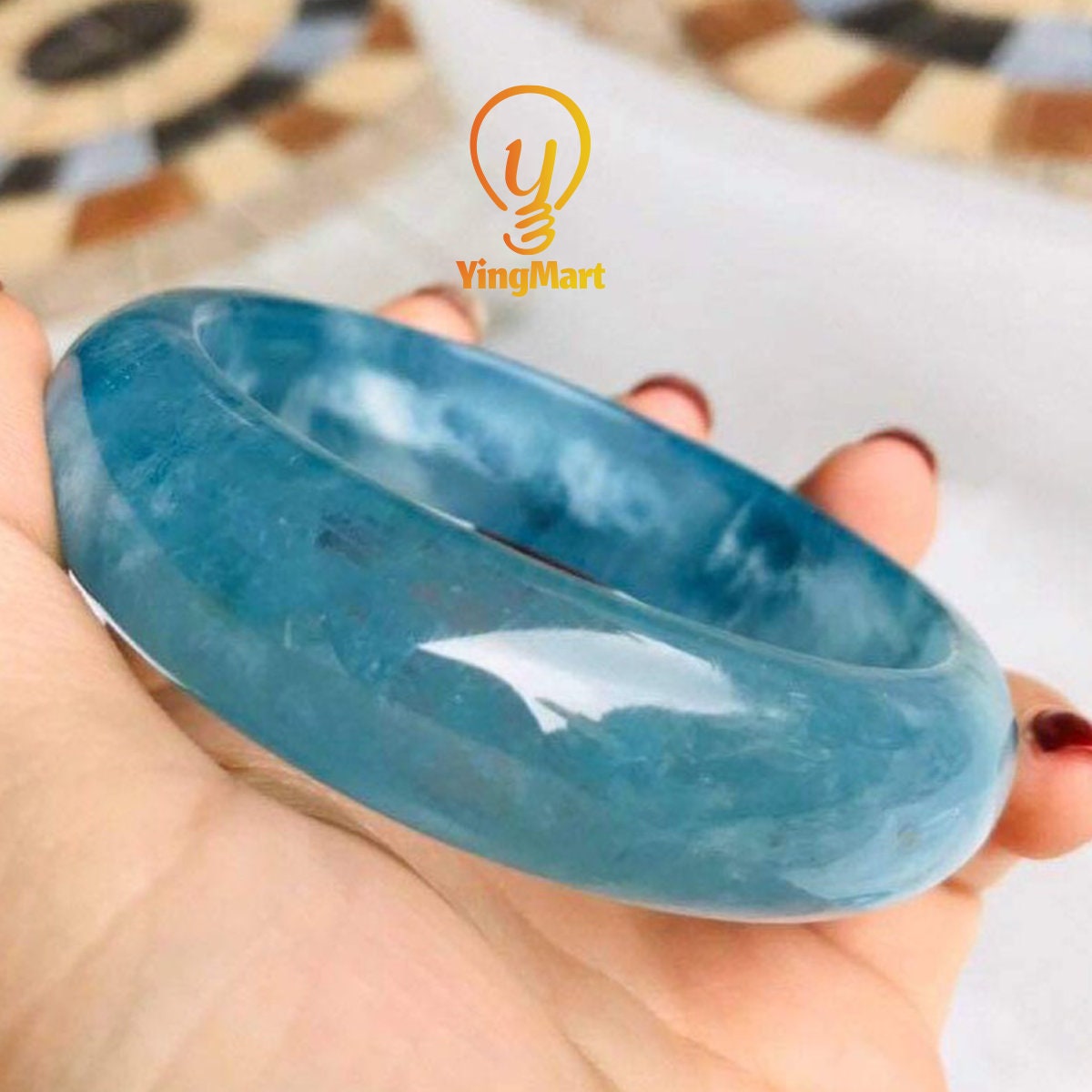 Yingmart 48mm-59mm Natural Dark Blue Aquamarine Bangle Bracelet, Real Gemstone, High Quality Jewelry