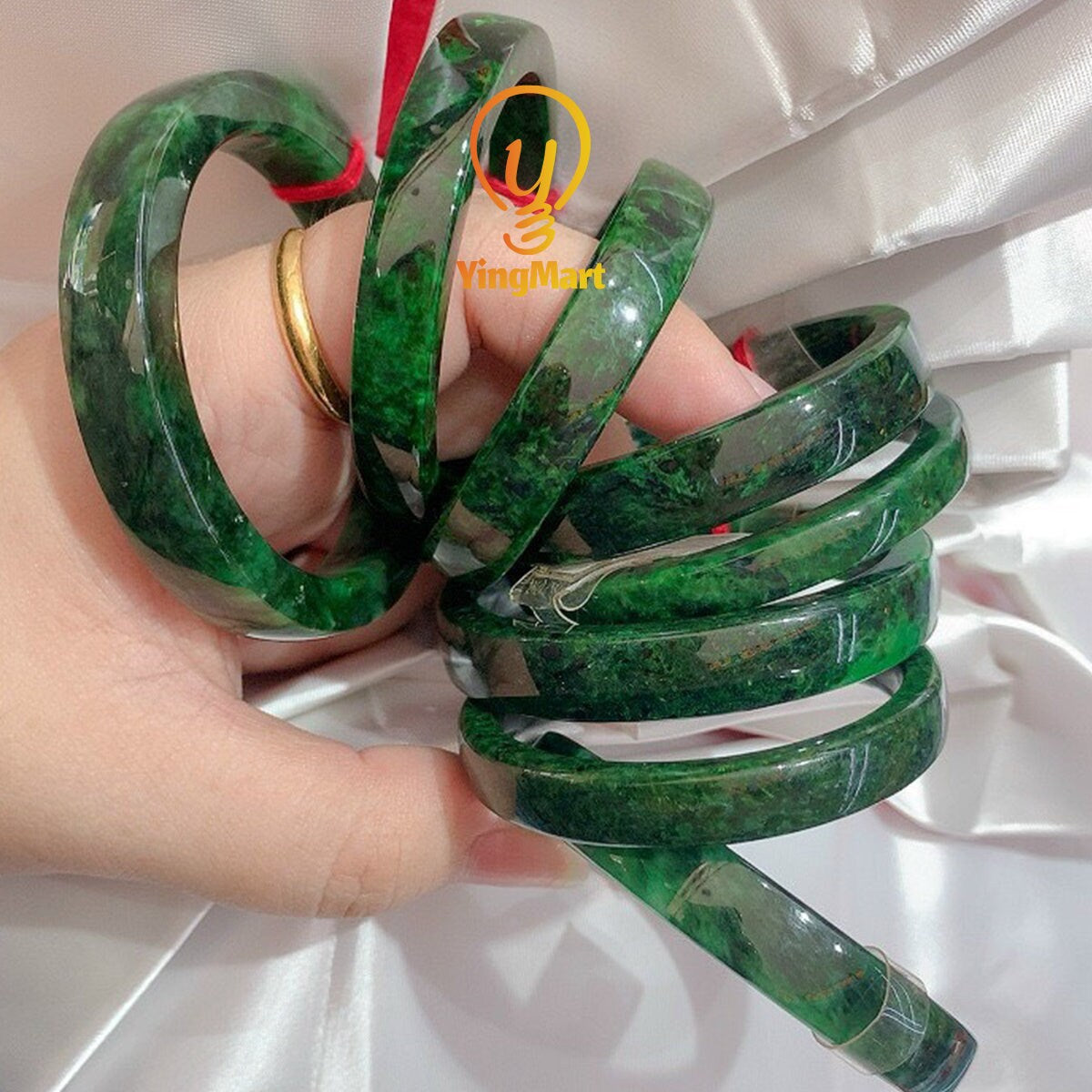 Yingmart 48-58mm Square Dark Green Black Spot Natural Jadeite Jade Bangles, Real Gemstone Bracelet, Vintage Jewelry