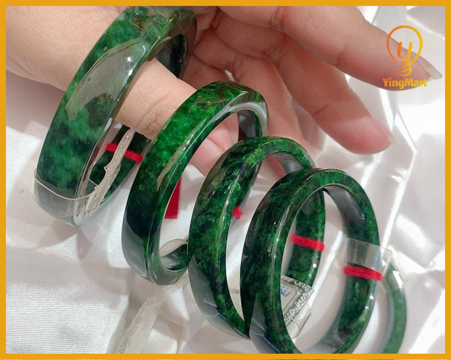 Yingmart 48-58mm Square Dark Green Black Spot Natural Jadeite Jade Bangles, Real Gemstone Bracelet, Vintage Jewelry