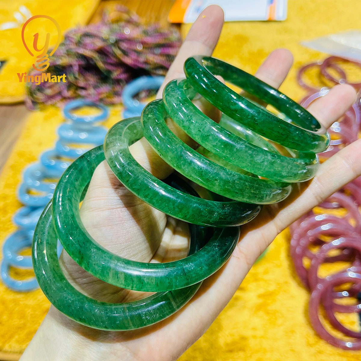 Yingmart 48 - 62mm 100% Natural Pink/Green Quartz Bangle Bracelets, Real Gemstone Bracelet, Vintage Jewelry