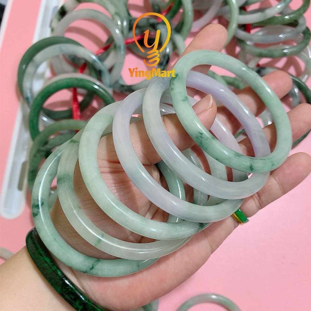 Yingmart 50-66mm Natural Jadeite Jade Bangle Bracelet | Real White to Light Green Jade | Vintage Jewelry Gift for Mother days & Birthday