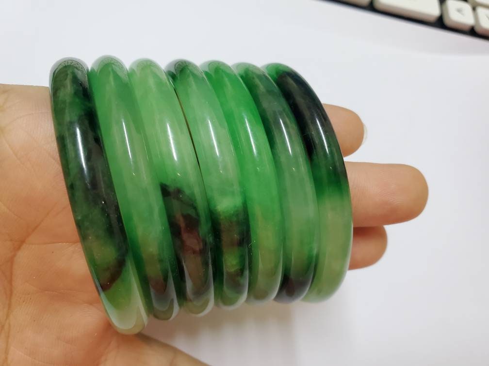 Yingmart 50-69mm Green Dark Spot Jadeite Jade Bangle, Real Gemstone Bracelet, Vintage Jewelry, Christmas Gift, Newyear