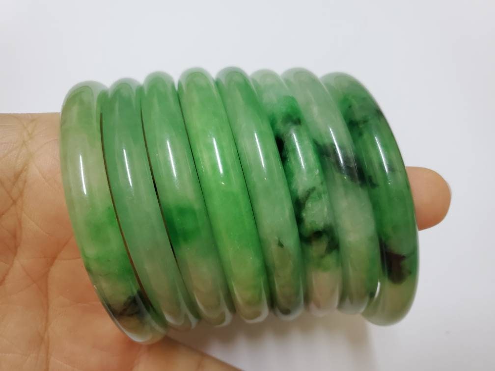 Yingmart 50-69mm Green Dark Spot Jadeite Jade Bangle, Real Gemstone Bracelet, Vintage Jewelry, Christmas Gift, Newyear