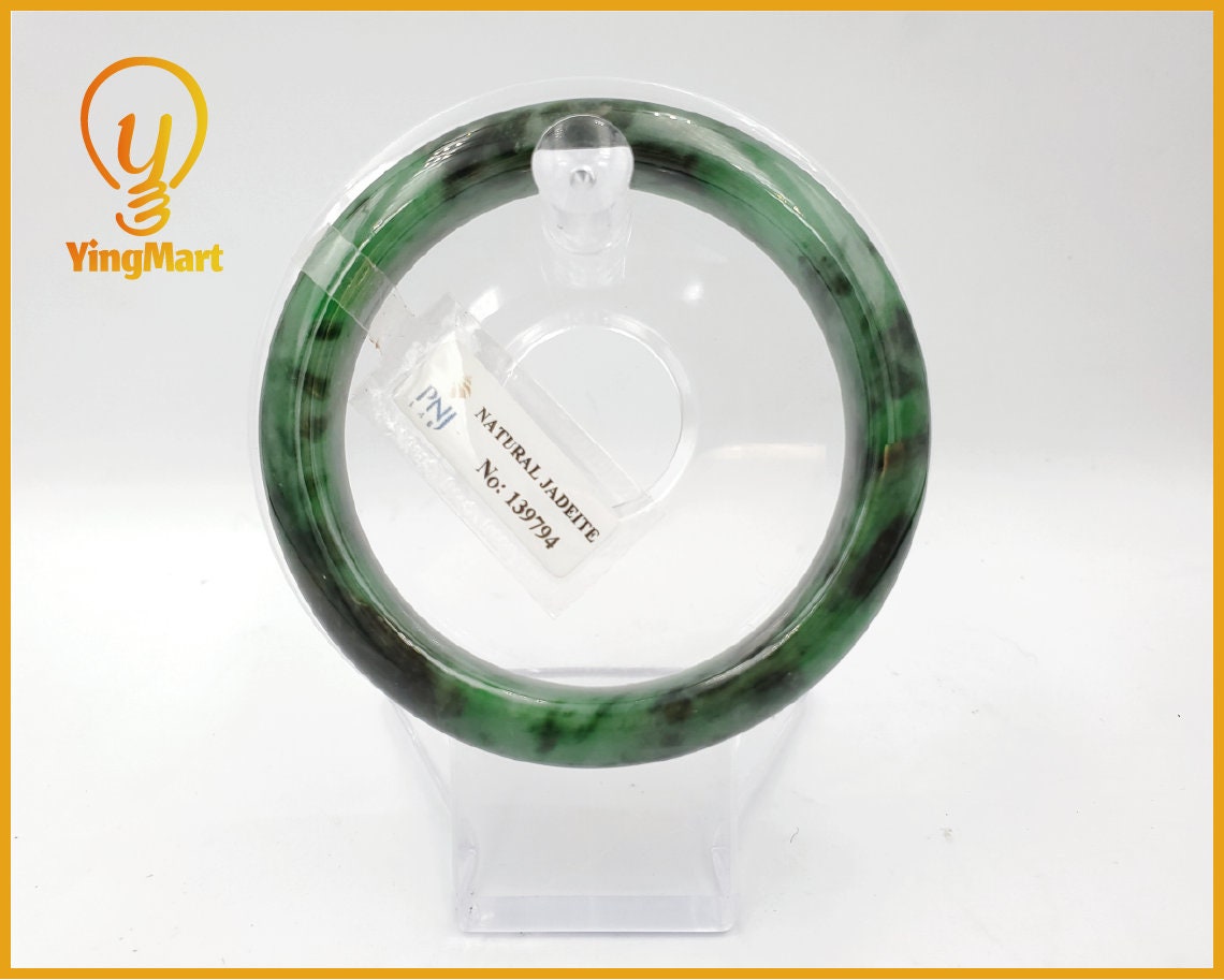 Yingmart 57-61-62 mm PNJ Certified Natural Color Green with Black Brown Spot Jadeite Jade Bangle Bracelet, Real Gemstone, Jewelry
