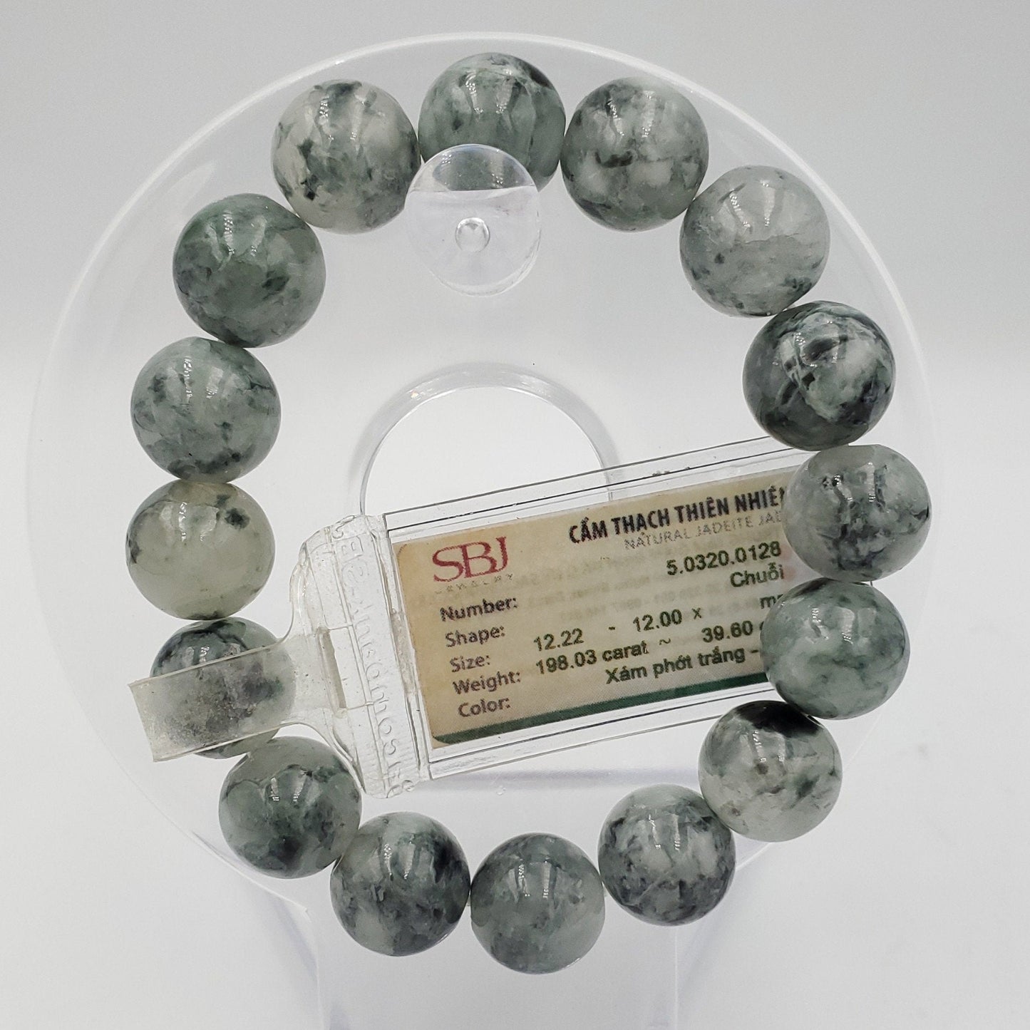 Yingmart SBJ Certified Genuine Natural Whitlish grey - Black Albite Jadeite Jade Chain Bracelet, Real Gemstone, Vintage Jewelry