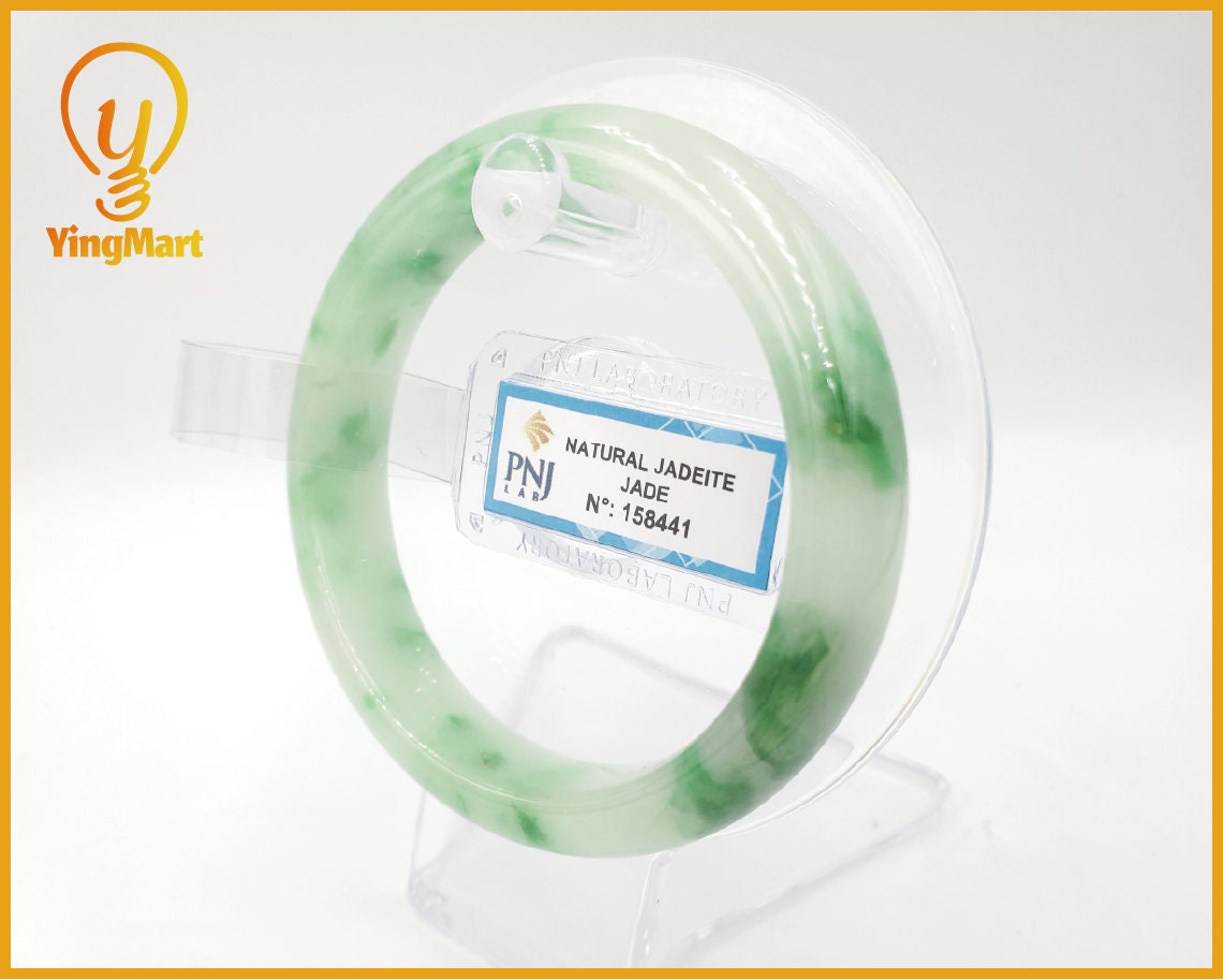 Yingmart 57mm Certified Natural Color Green with Spots Natural Jadeite Jade Bangle Bracelet, Real Gemstone, Jewelry, PNJ158441
