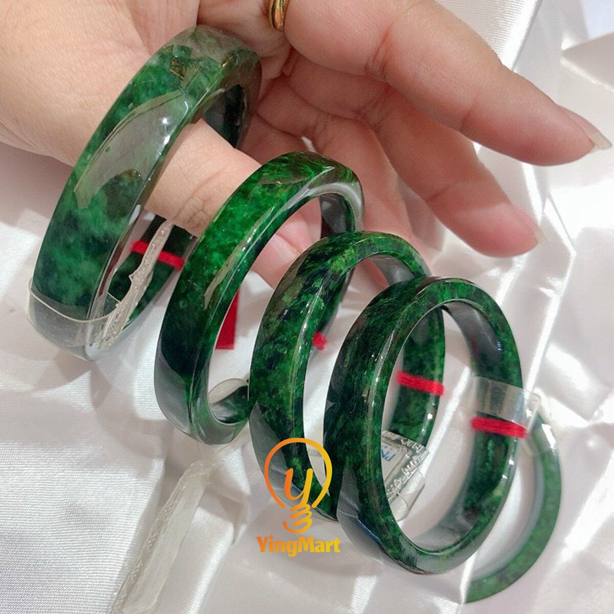 Yingmart 48-58mm Square Dark Green Black Spot Natural Jadeite Jade Bangles, Real Gemstone Bracelet, Vintage Jewelry