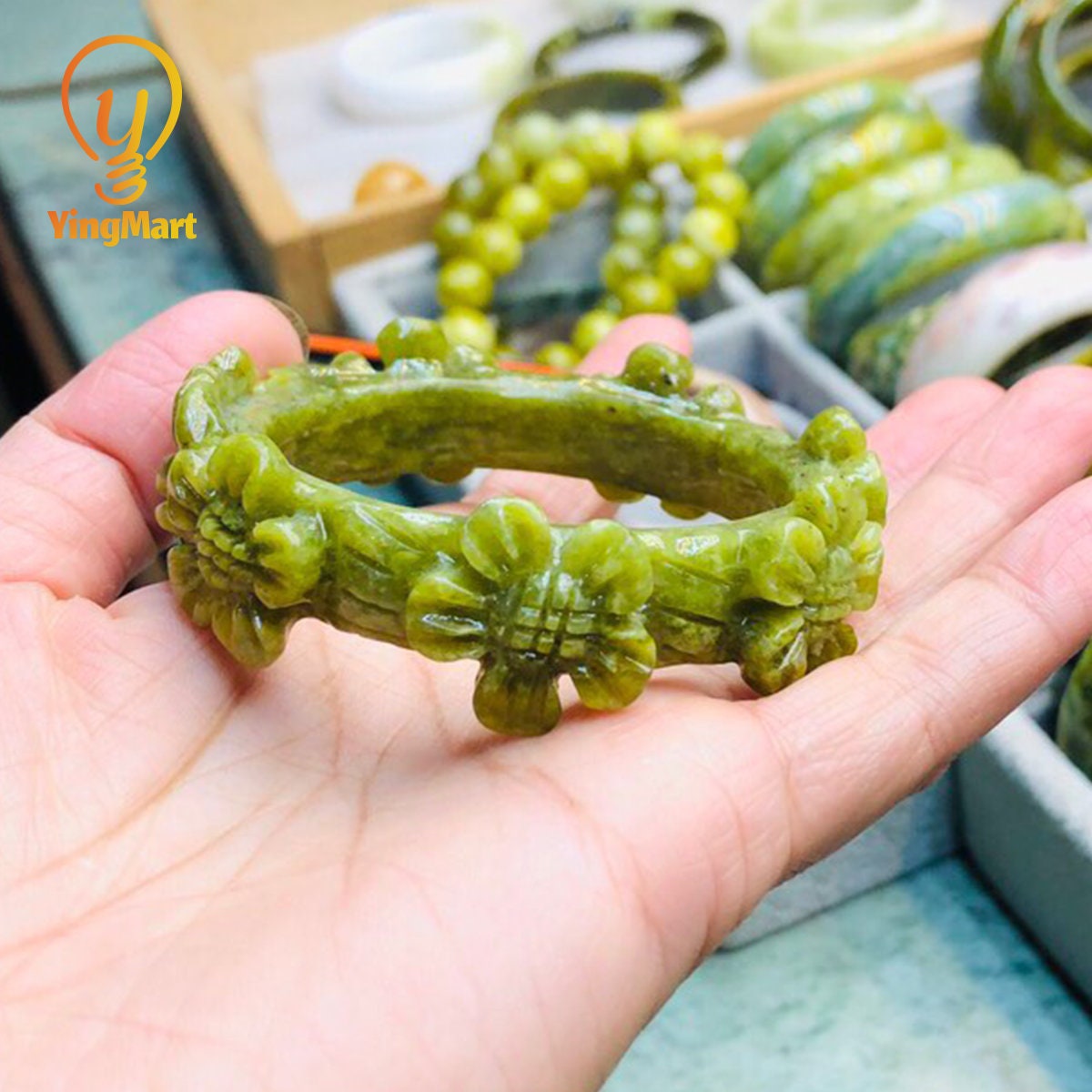 Yingmart 48 - 60mm Floral Engraved Serpentine Bangles Bracelets, Real Gemstone Bracelet, Vintage Jewelry, Christmas Gift, Newyear Gift