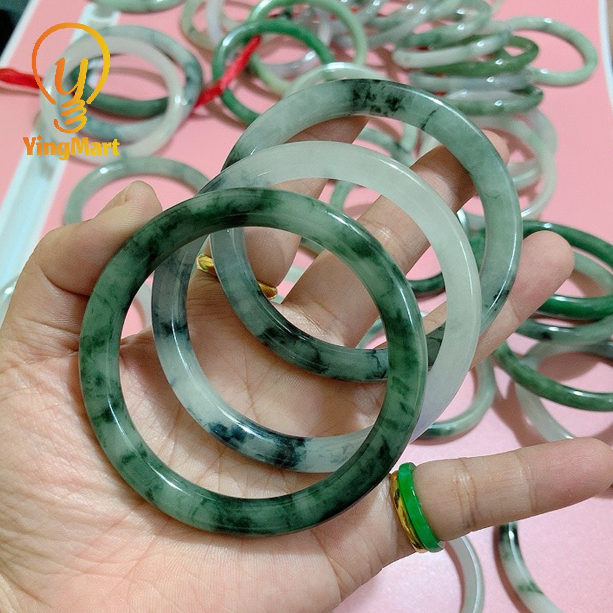 Yingmart 50-66mm Natural Jadeite Jade Bangle Bracelet | Real White to Light Green Jade | Vintage Jewelry Gift for Mother days & Birthday