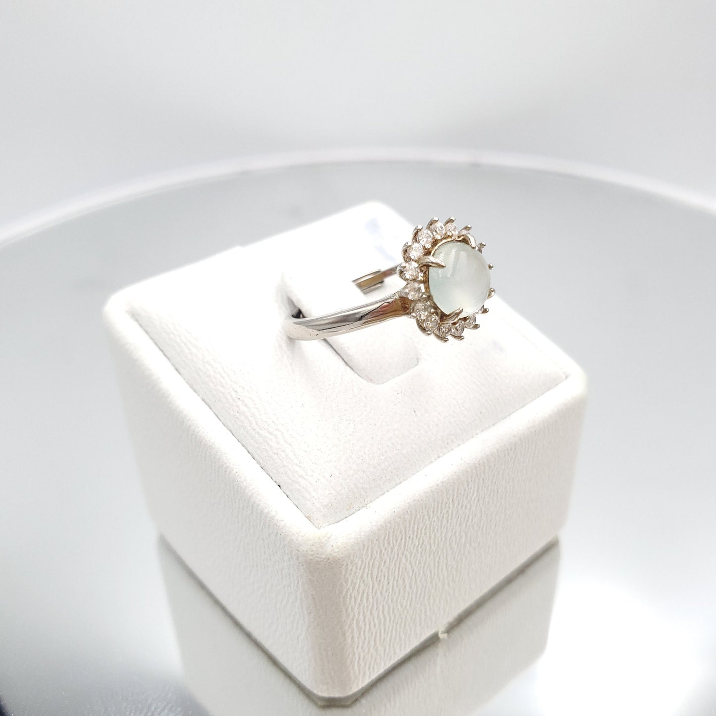 Yingmart Genuine Icy White Round Burmese Type A Jadeite Jade Gemstone Ring Made With 925 Sterling Silver, CZ side stone,green jade,