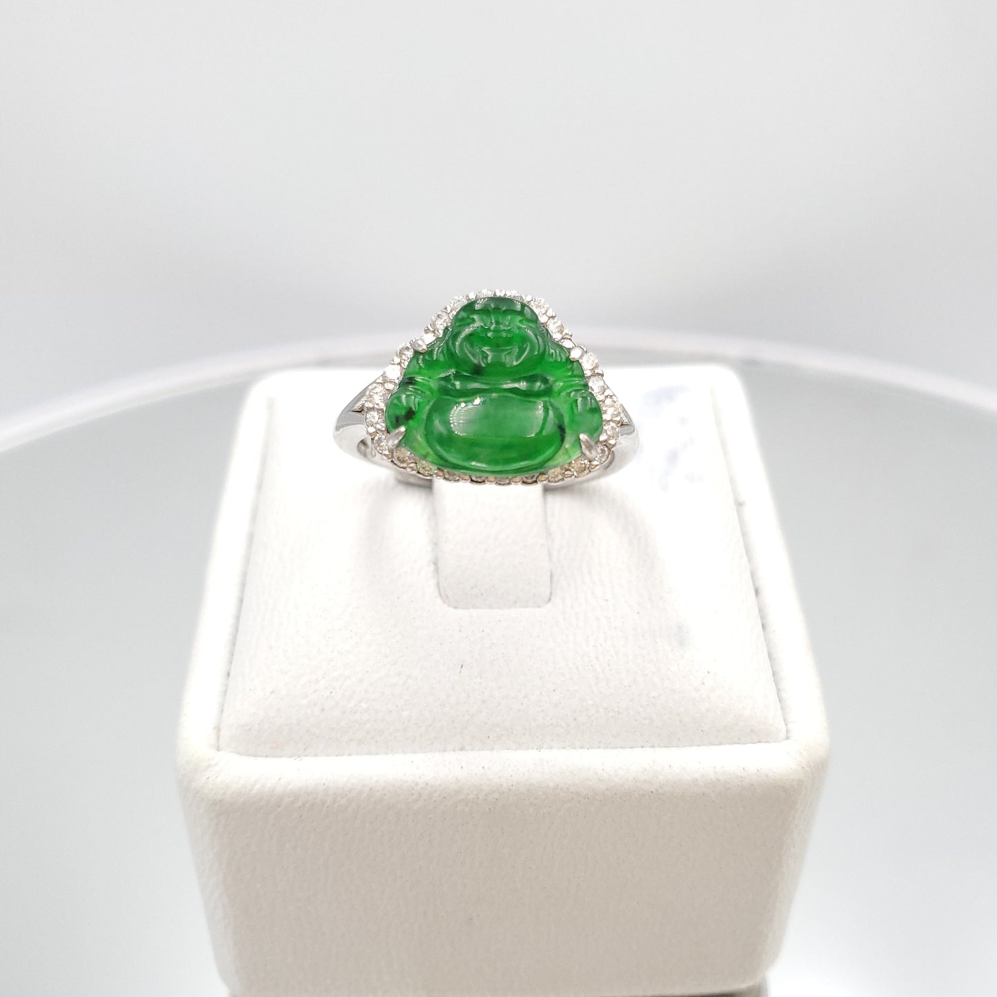 Yingmart Genuine Icy Green Smilling Budha Burmese Type A Jadeite Jade Gemstone Ring Made With 925 Sterling Silver Plated With 18k Gold,CZ