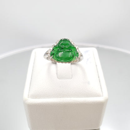 Yingmart Genuine Icy Green Smilling Budha Burmese Type A Jadeite Jade Gemstone Ring Made With 925 Sterling Silver Plated With 18k Gold,CZ
