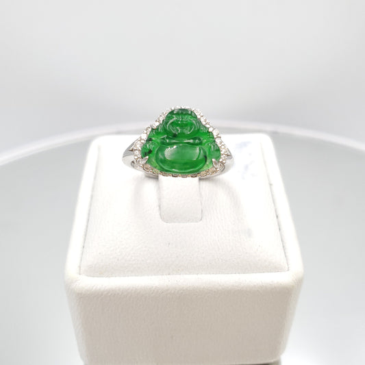 Yingmart Genuine Icy Green Smilling Budha Burmese Type A Jadeite Jade Gemstone Ring Made With 925 Sterling Silver Plated With 18k Gold,CZ