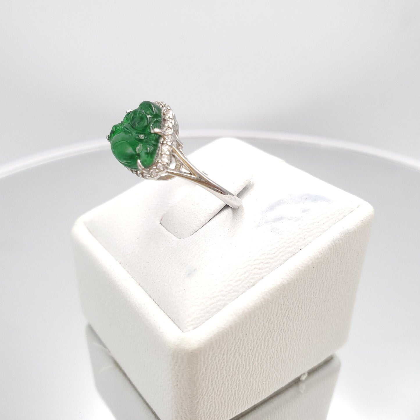 Yingmart Genuine Icy Green Smilling Budha Burmese Type A Jadeite Jade Gemstone Ring Made With 925 Sterling Silver Plated With 18k Gold,CZ
