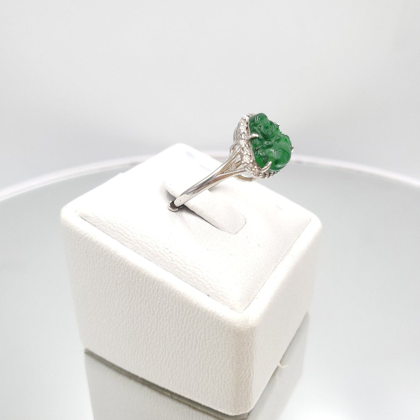 Yingmart Genuine Icy Green Smilling Budha Burmese Type A Jadeite Jade Gemstone Ring Made With 925 Sterling Silver Plated With 18k Gold,CZ