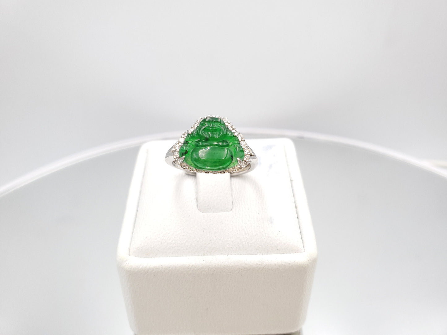 Yingmart Genuine Icy Green Smilling Budha Burmese Type A Jadeite Jade Gemstone Ring Made With 925 Sterling Silver Plated With 18k Gold,CZ