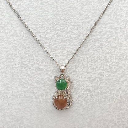 Genuine Icy Orange Green Burmese Type A Jadeite Jade Gemstone Cat Pedants Made With 925 Sterling Silver Plated With 18k White Gold, CZ