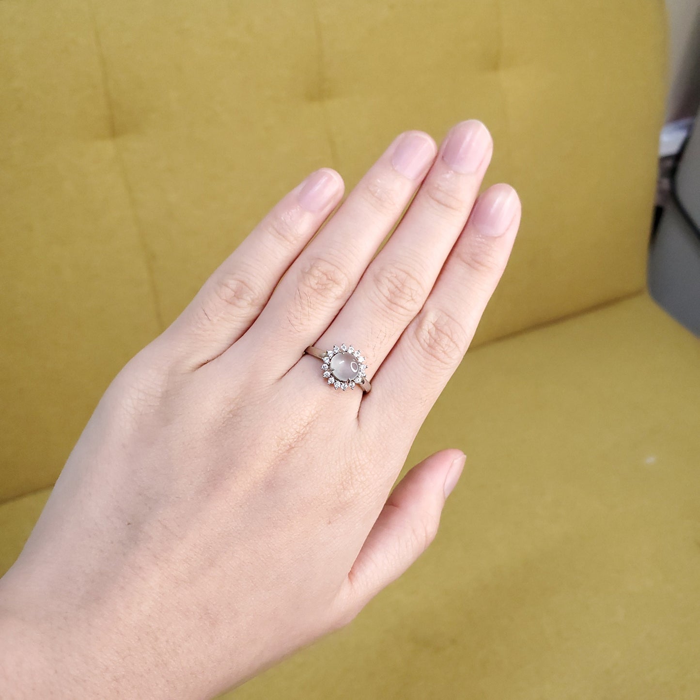 Yingmart Genuine Icy White Round Burmese Type A Jadeite Jade Gemstone Ring Made With 925 Sterling Silver, CZ side stone,green jade,