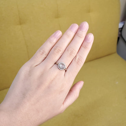 Yingmart Genuine Icy White Round Burmese Type A Jadeite Jade Gemstone Ring Made With 925 Sterling Silver, CZ side stone,green jade,