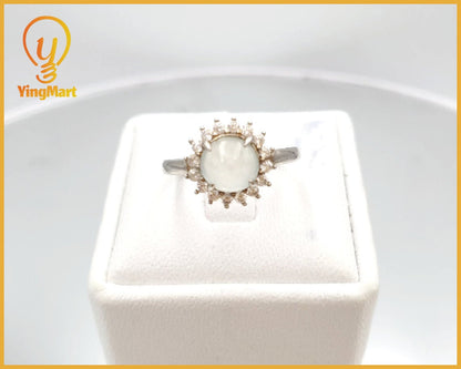 Yingmart Genuine Icy White Round Burmese Type A Jadeite Jade Gemstone Ring Made With 925 Sterling Silver, CZ side stone,green jade,