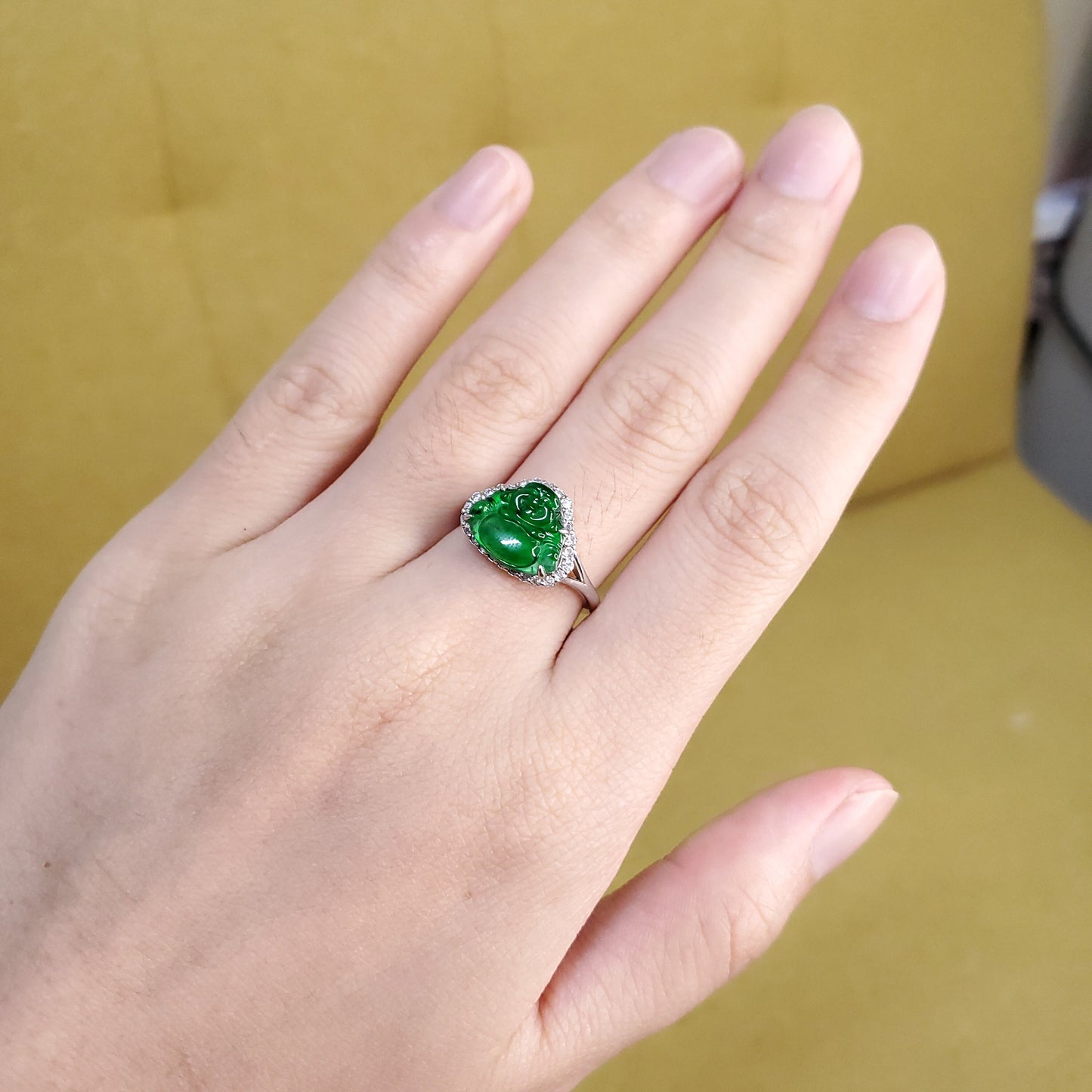 Yingmart Genuine Icy Green Smilling Budha Burmese Type A Jadeite Jade Gemstone Ring Made With 925 Sterling Silver Plated With 18k Gold,CZ