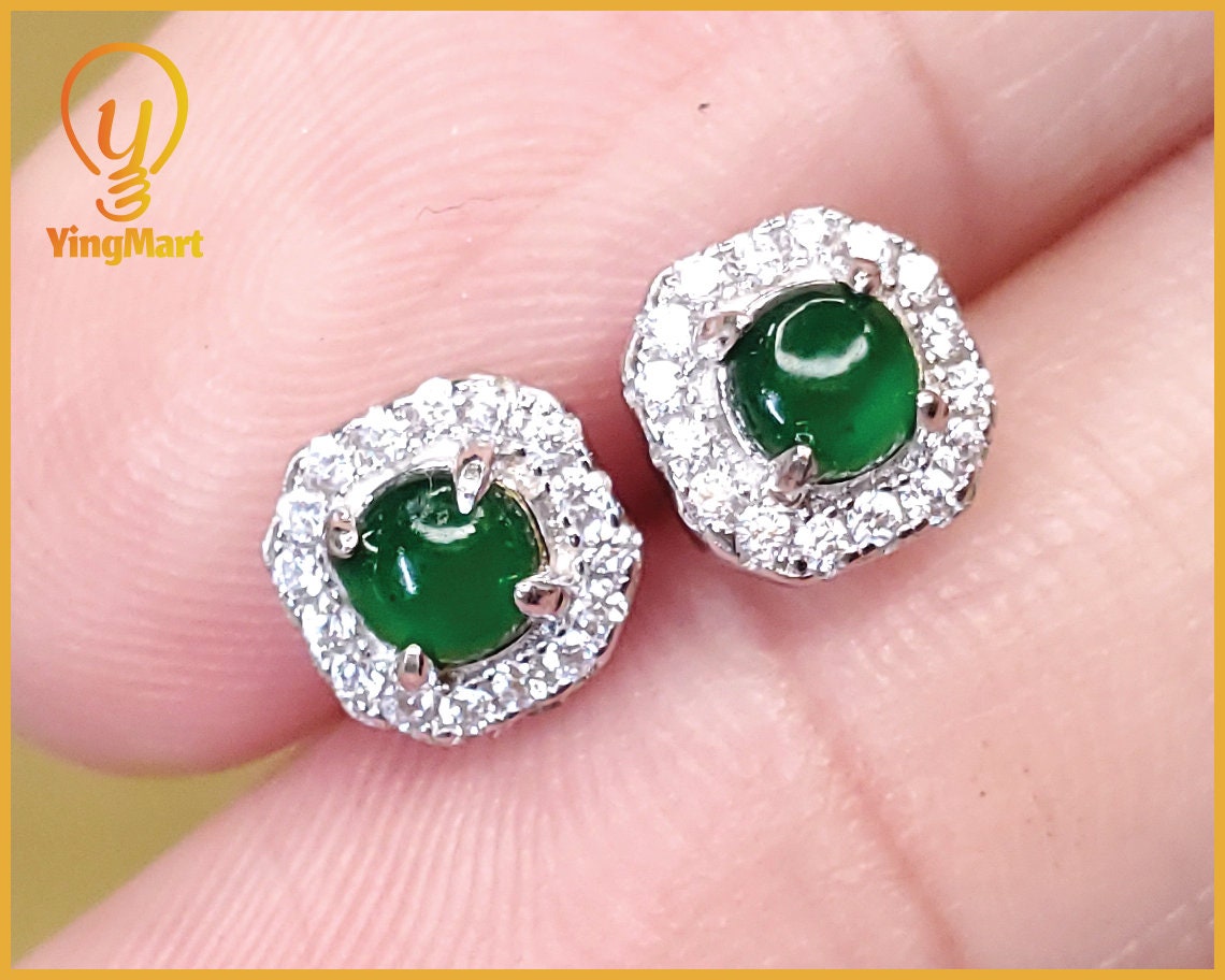 Yingmart Certified Genuine Icy Green Burmese Type A Jadeite Jade Gemstone Earrings Made With 925 Sterling Silver earrings, Gift for Women