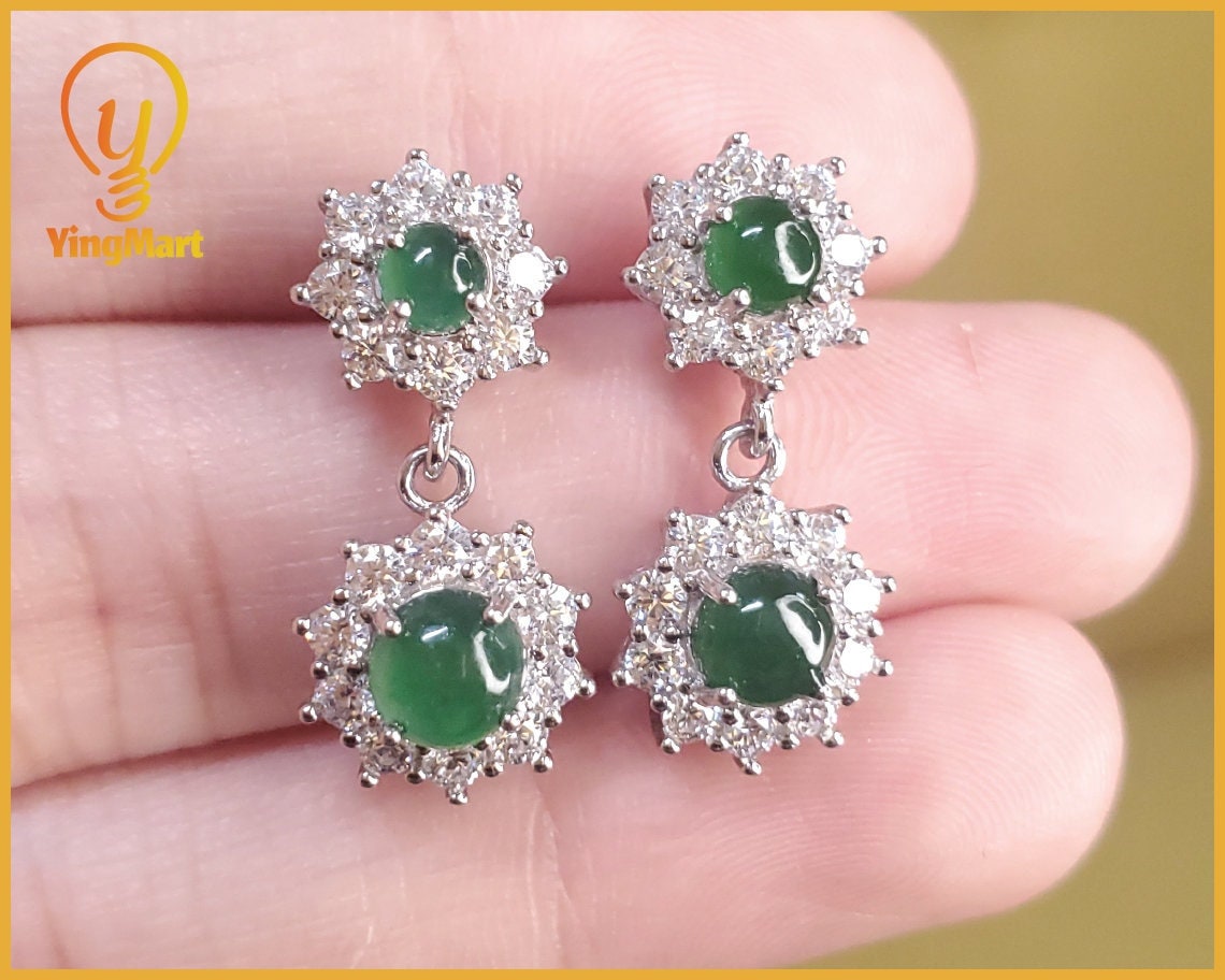 Yingmart certified genuine icy green burmese type a jadeite jade gemstone earrings made with 925 sterling silver earrings, gift for women