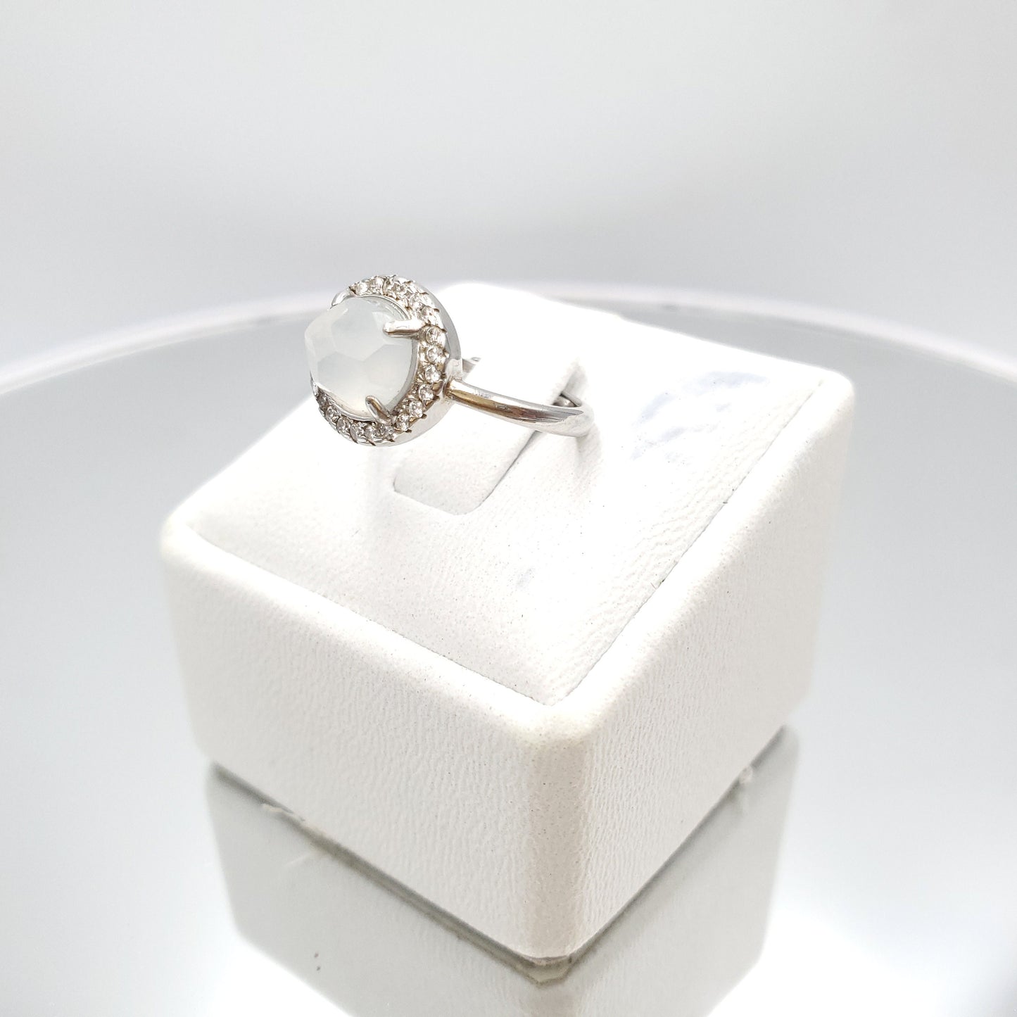 Yingmart Genuine Icy Faced Cut White Burmese Type A Jadeite Jade Gemstone Ring Made With 925 Sterling Silver, CZ side stone,green jade,