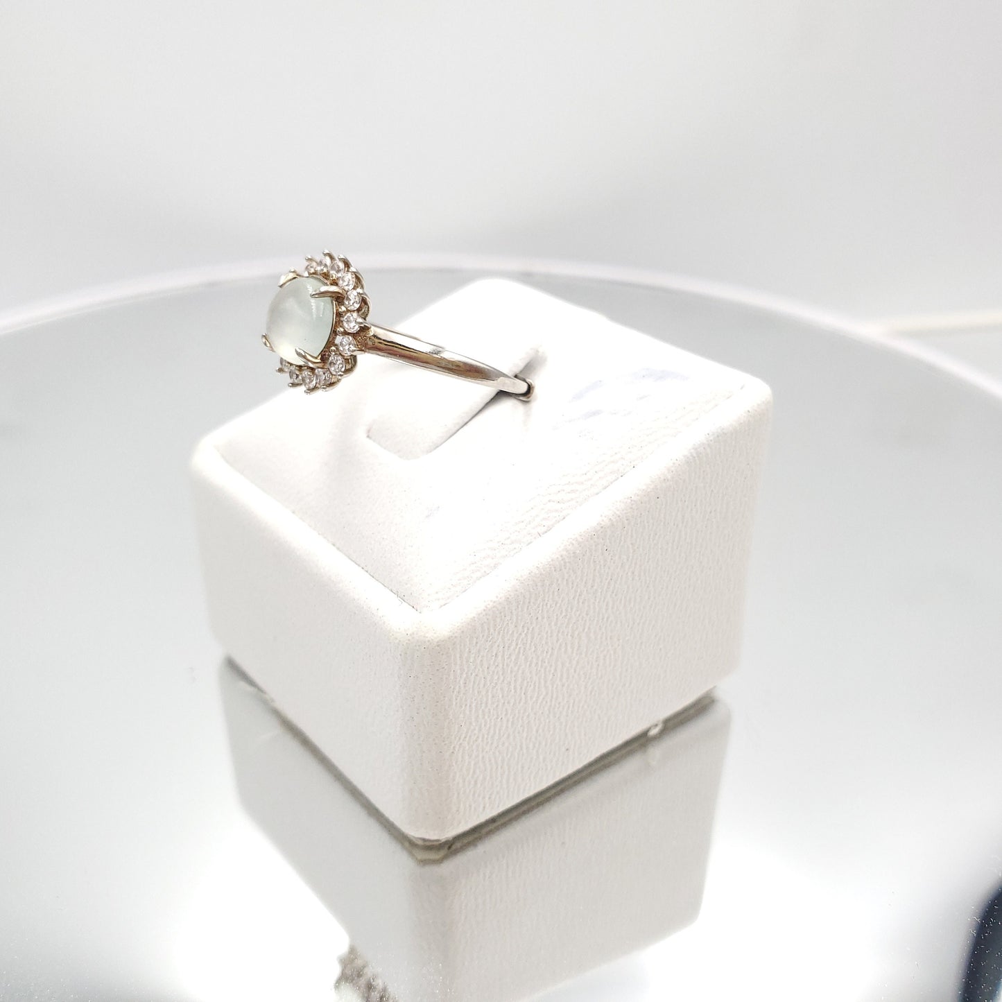 Yingmart Genuine Icy White Round Burmese Type A Jadeite Jade Gemstone Ring Made With 925 Sterling Silver, CZ side stone,green jade,