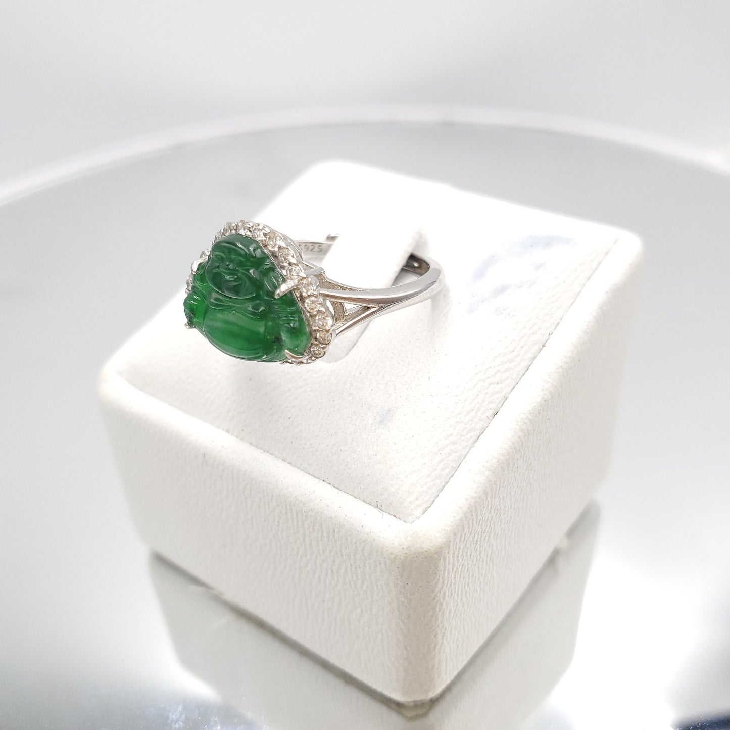 Yingmart Genuine Icy Green Smilling Budha Burmese Type A Jadeite Jade Gemstone Ring Made With 925 Sterling Silver Plated With 18k Gold,CZ