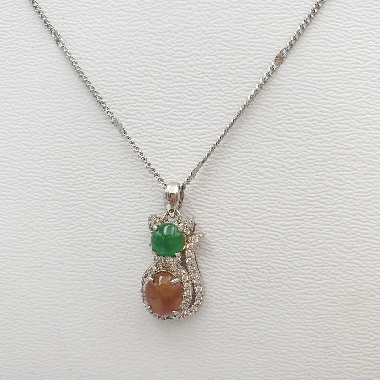 Genuine Icy Orange Green Burmese Type A Jadeite Jade Gemstone Cat Pedants Made With 925 Sterling Silver Plated With 18k White Gold, CZ