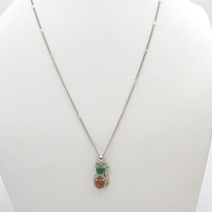 Genuine Icy Orange Green Burmese Type A Jadeite Jade Gemstone Cat Pedants Made With 925 Sterling Silver Plated With 18k White Gold, CZ