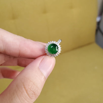 Yingmart luxury 18k white gold green vivid icy burmese jadeite jade a gems with 3 layers real diamonds side stone , gift fo her, vintage