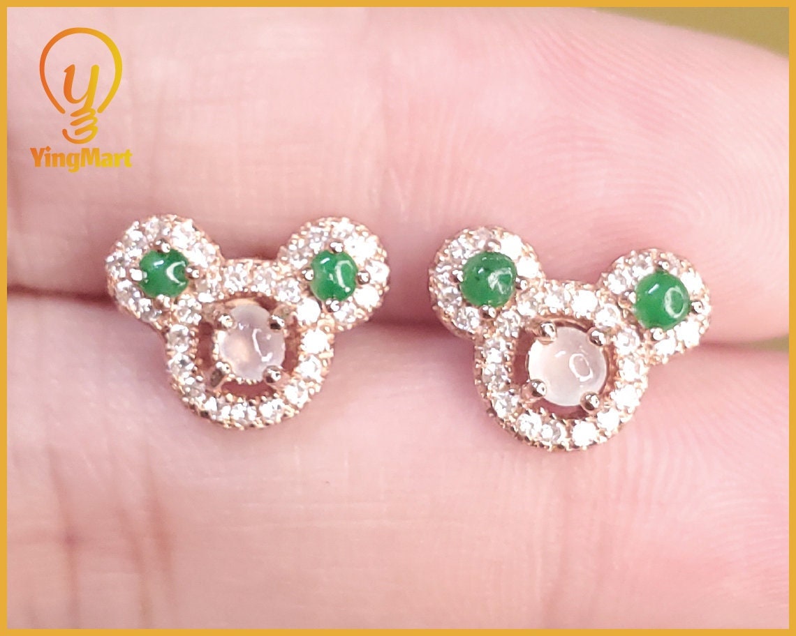 Yingmart certified genuine icy Green & White burmese type a jadeite jade gemstone earrings made with S925  silver earrings, gift for women