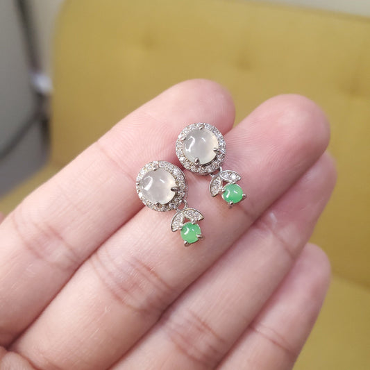Yingmart certified genuine icy Green & White  burmese type a jadeite jade gemstone earrings made with S925  silver earrings, gift for women