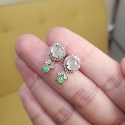 Yingmart certified genuine icy Green & White  burmese type a jadeite jade gemstone earrings made with S925  silver earrings, gift for women