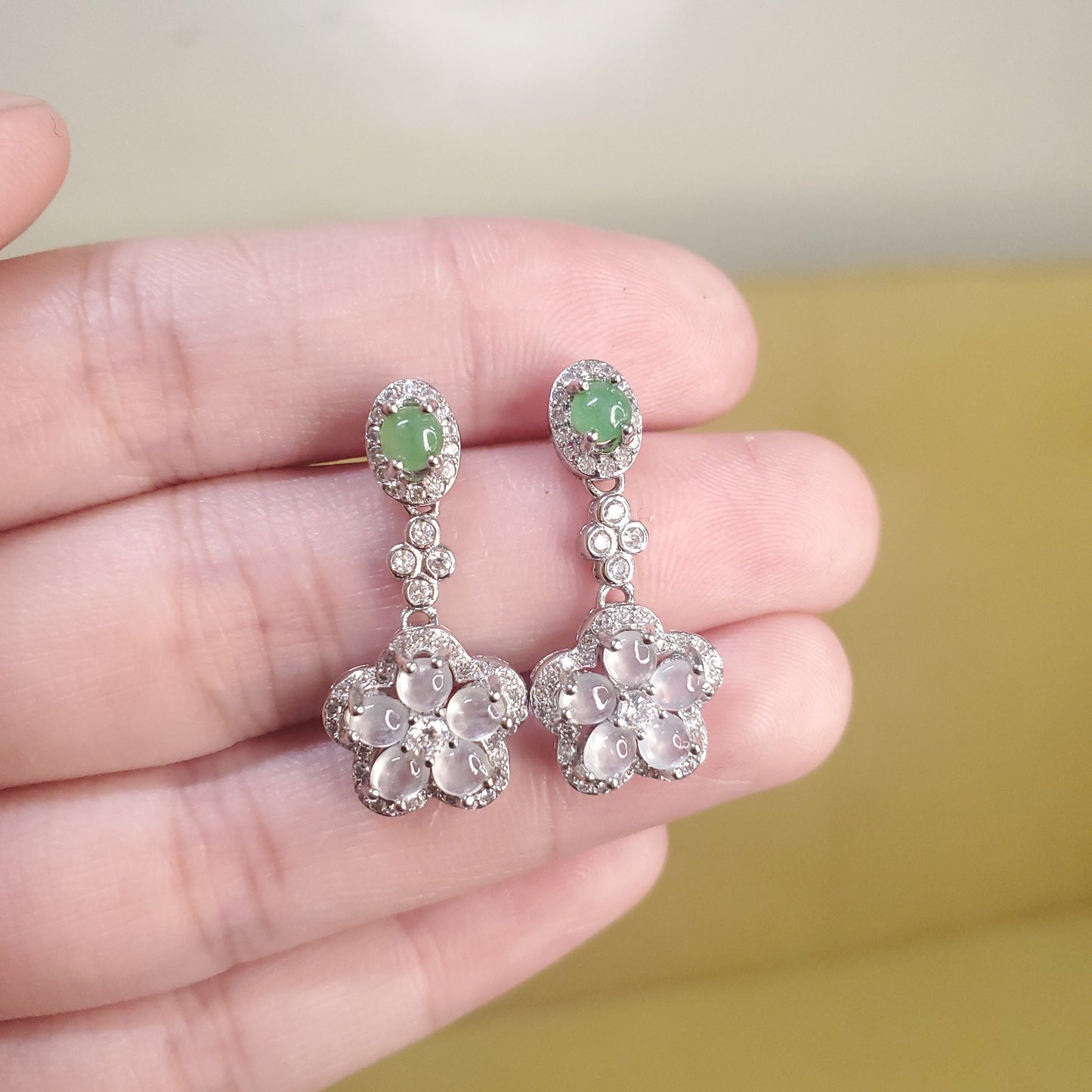 Yingmart certified genuine icy White & Green burmese type a jadeite jade gemstone earrings made with S925 silver earrings, gift for women