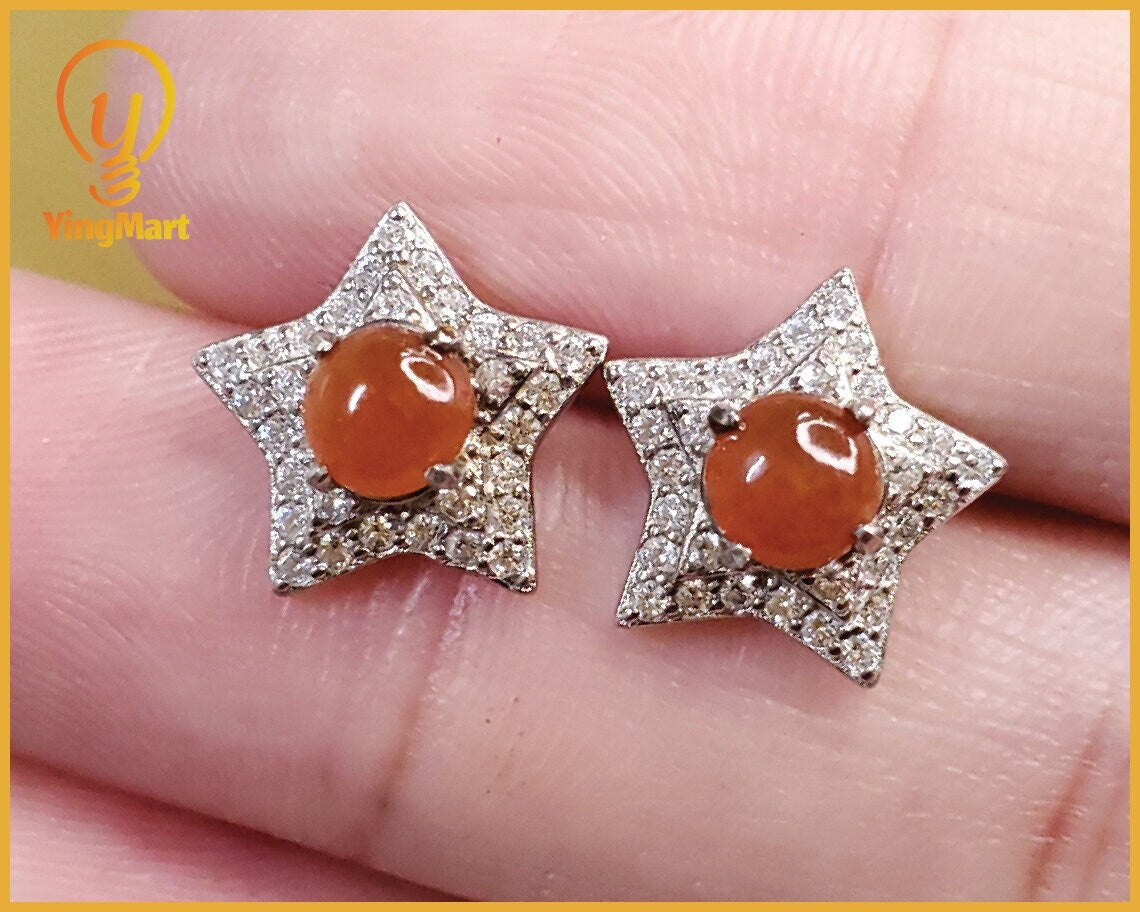 Yingmart certified genuine icy Orange burmese type a jadeite jade gemstone earrings made with 925 sterling silver earrings, gift for women