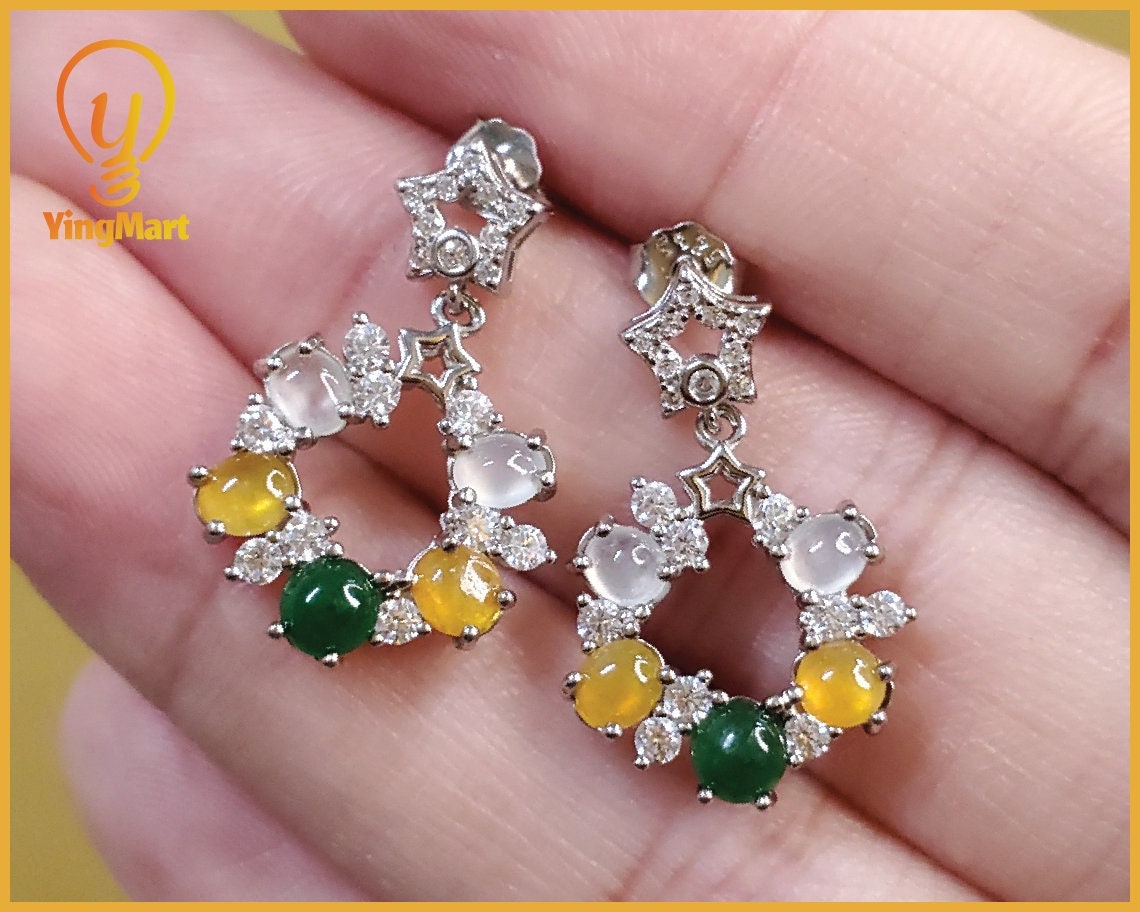 Yingmart certified genuine icy Green, Yellow & White burmese type a jadeite jade gemstone earrings made with 925 sterling silver earrings