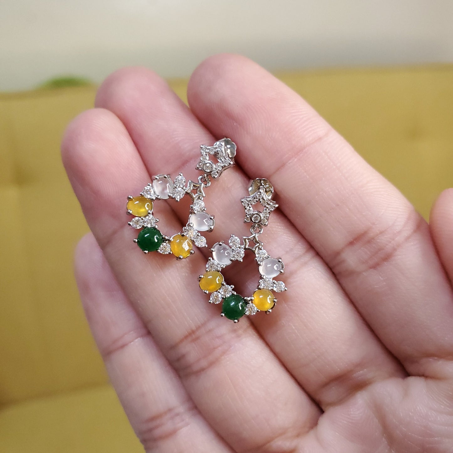Yingmart certified genuine icy Green, Yellow & White burmese type a jadeite jade gemstone earrings made with 925 sterling silver earrings