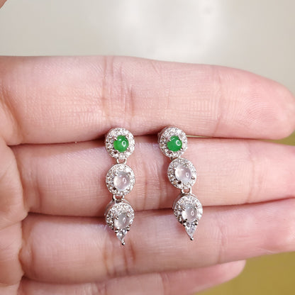 Yingmart certified genuine icy Green & White burmese type a jadeite jade gemstone earrings made with S925 silver earrings, gift for women