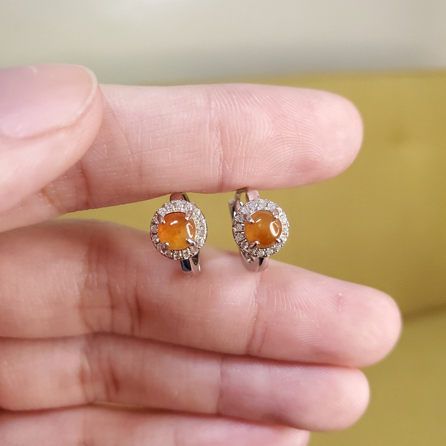 Yingmart certified genuine icy Orange burmese type a jadeite jade gemstone earrings made with 925 sterling silver earrings, gift for women