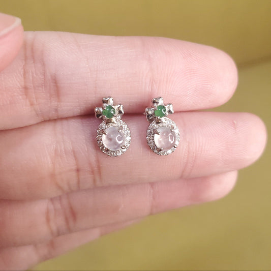 Yingmart certified genuine icy Green & White burmese type a jadeite jade gemstone earrings made with S925  silver earrings, gift for women