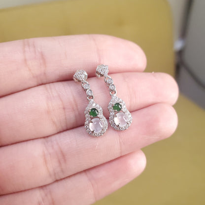 Yingmart certified genuine icy Green & White burmese type a jadeite jade gemstone earrings made with S925  silver earrings, gift for women