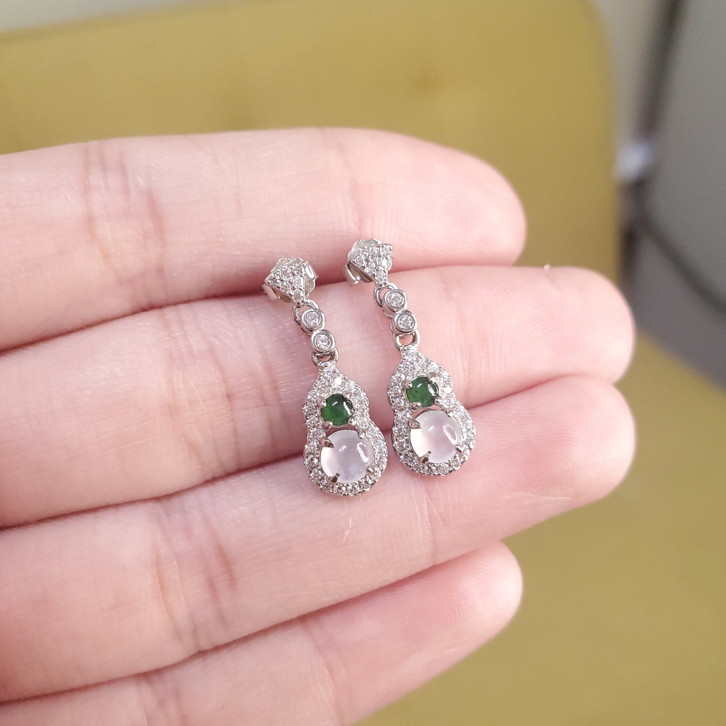 Yingmart certified genuine icy Green & White burmese type a jadeite jade gemstone earrings made with S925  silver earrings, gift for women