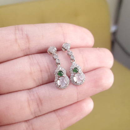Yingmart certified genuine icy Green & White burmese type a jadeite jade gemstone earrings made with S925  silver earrings, gift for women