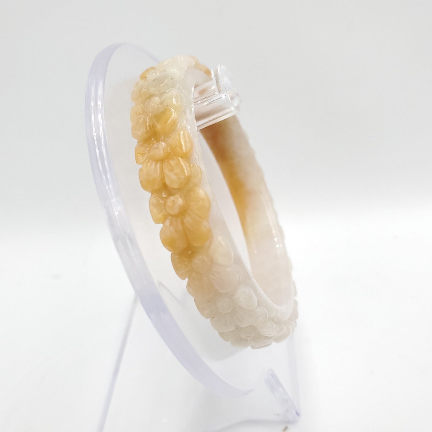 Yingmart 50mm High quality Burma color white to yellow blossom flower carved semi-translucent Jadeite bangle jade, flower carved bracelet