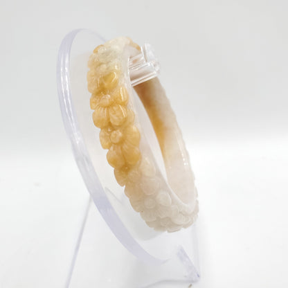 Yingmart 50mm High quality Burma color white to yellow blossom flower carved semi-translucent Jadeite bangle jade, flower carved bracelet