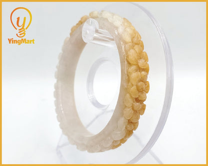Yingmart 50mm High quality Burma color white to yellow blossom flower carved semi-translucent Jadeite bangle jade, flower carved bracelet