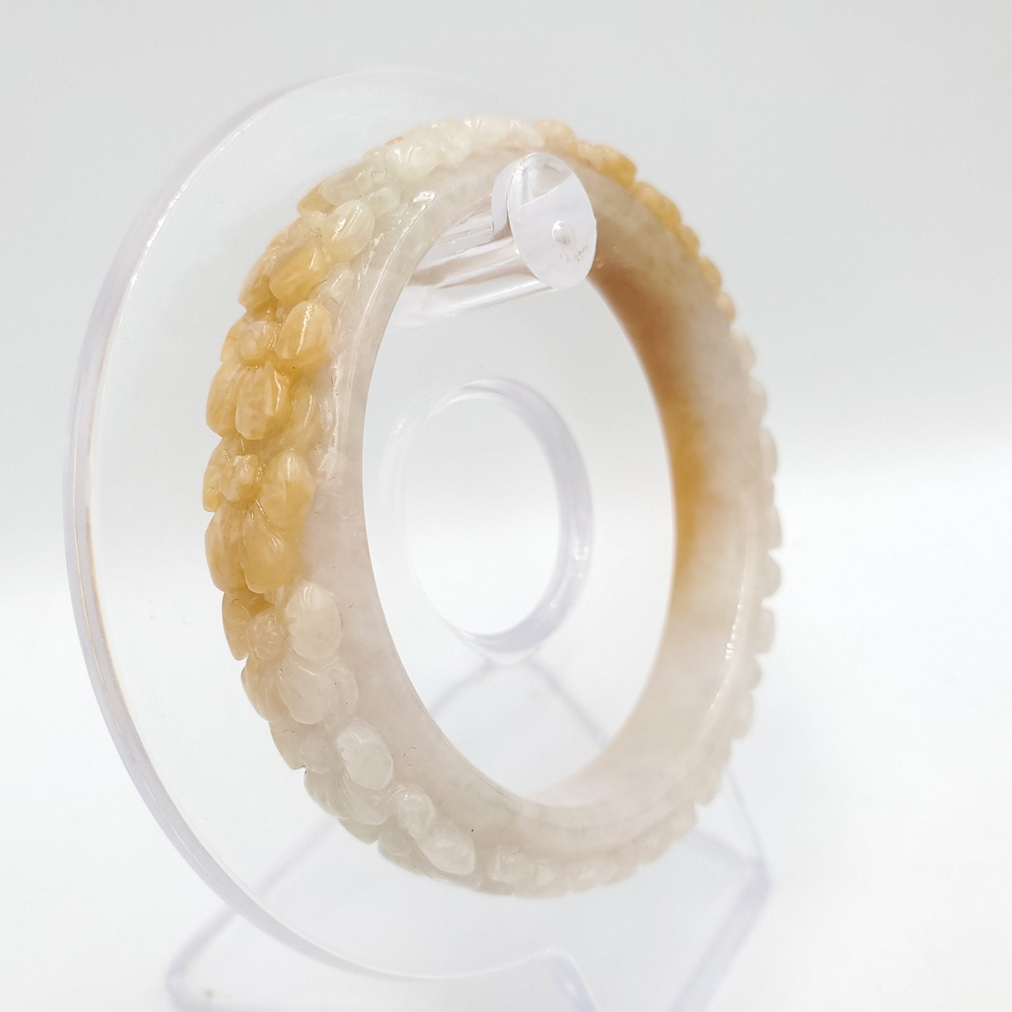 Yingmart 50mm High quality Burma color white to yellow blossom flower carved semi-translucent Jadeite bangle jade, flower carved bracelet
